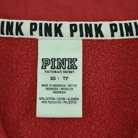 PINK VICTORIA'S SECRET Red Quarter Zip Sweatshirt Black Logo Down Arms -Size XS - Picture 10 of 14